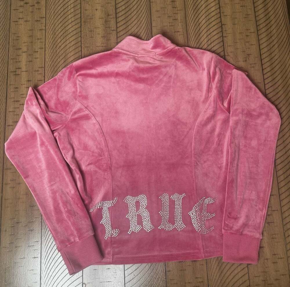 True Religion Women's Crystal Logo Velour Zip-Up Track Jacket in Heather Rose - Picture 2 of 3